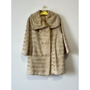 60s Vintage Blond Textured Faux Fur Swing Coat Large Collar Union Made In USA